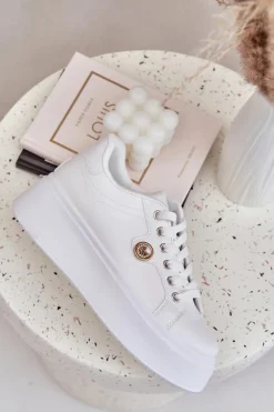 Eko Skórzane Sneakersy Na Platformie Ze Złotym Detalem Białe Zingie