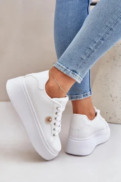 Eko Skórzane Sneakersy Na Platformie Ze Złotym Detalem Białe Zingie