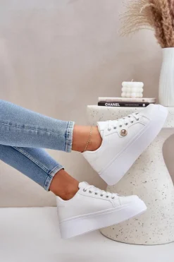 Eko Skórzane Sneakersy Na Platformie Ze Złotym Detalem Białe Zingie