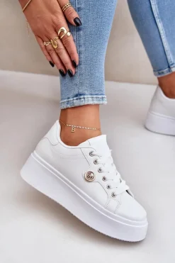 Eko Skórzane Sneakersy Na Platformie Ze Złotym Detalem Białe Zingie