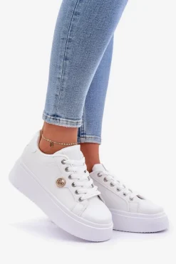 Eko Skórzane Sneakersy Na Platformie Ze Złotym Detalem Białe Zingie