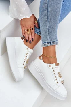 Eko Skórzane Sneakersy Z Przypinkami Biało-Złote Enalirae