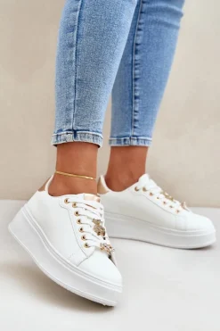 Eko Skórzane Sneakersy Z Przypinkami Biało-Złote Enalirae