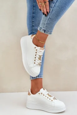 Eko Skórzane Sneakersy Z Przypinkami Biało-Złote Enalirae