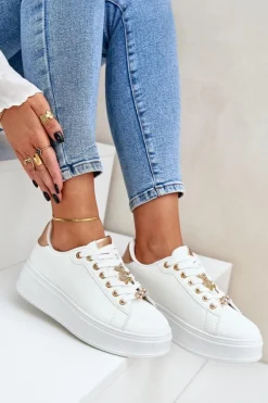 Eko Skórzane Sneakersy Z Przypinkami Biało-Złote Enalirae