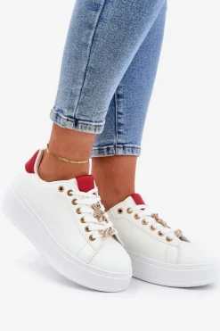 Eko Skórzane Sneakersy Z Przypinkami Biało-Czerwone Enalirae