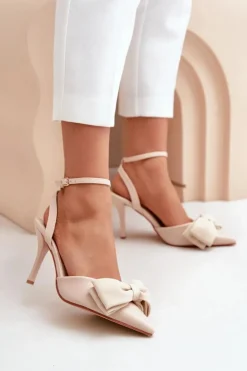 Eko Skórzane Szpilki Z Kokardą Beżowe Volamia