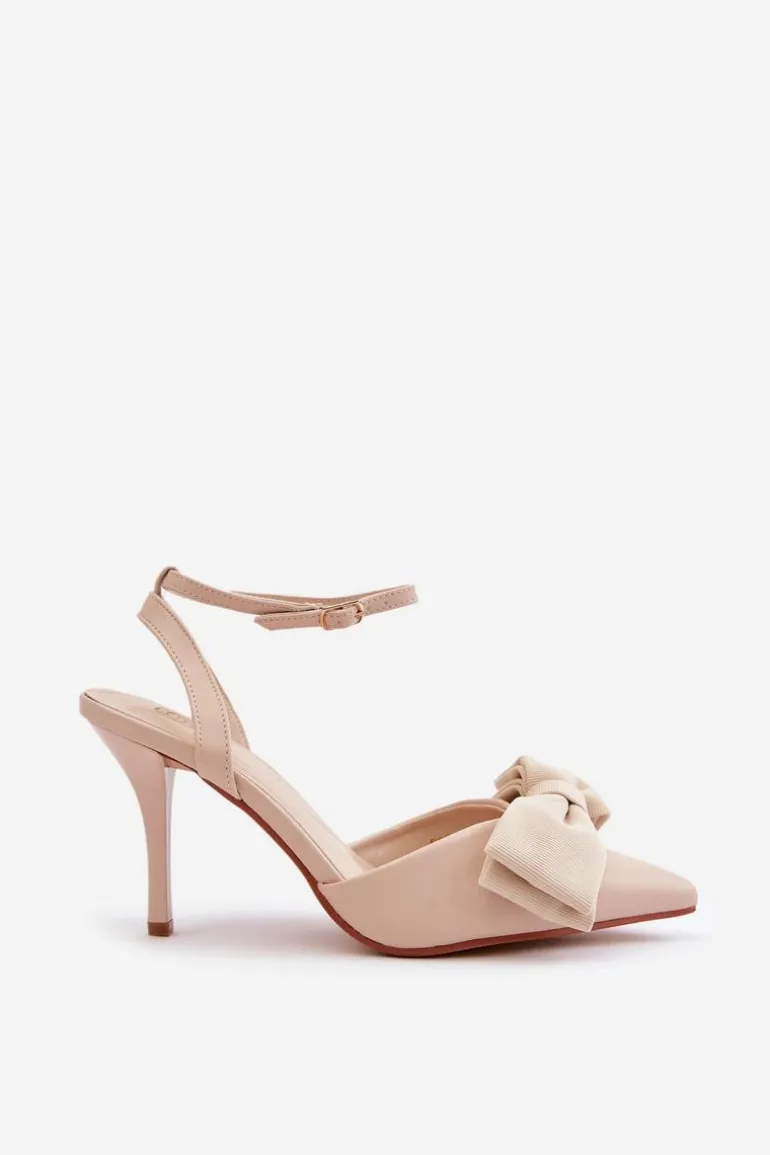 Eko Skórzane Szpilki Z Kokardą Beżowe Volamia