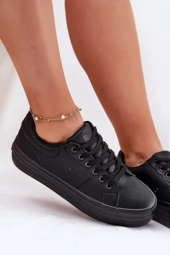 Eko Skórzane Trampki Damskie Na Platformie Big Star RR274299 Czarne