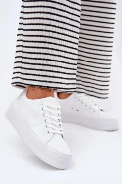 Eko Skórzane Trampki Damskie Na Platformie Big Star RR274298 Białe