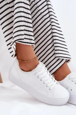 Eko Skórzane Trampki Damskie Na Platformie Big Star RR274298 Białe