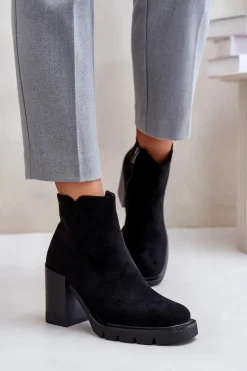Eko Zamszowe Botki Na Słupku Czarne Cediona