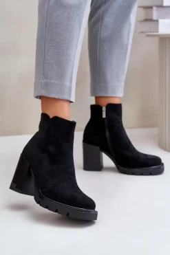 Eko Zamszowe Botki Na Słupku Czarne Cediona