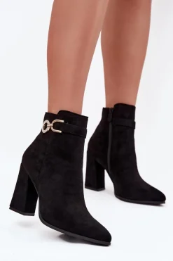 Eko Zamszowe Botki Na Słupku Z Ozdobą Czarne Lymall