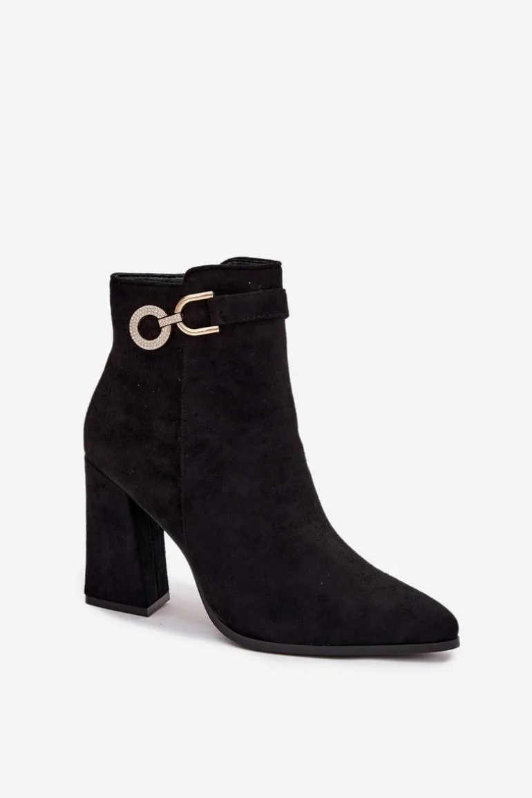 Eko Zamszowe Botki Na Słupku Z Ozdobą Czarne Lymall