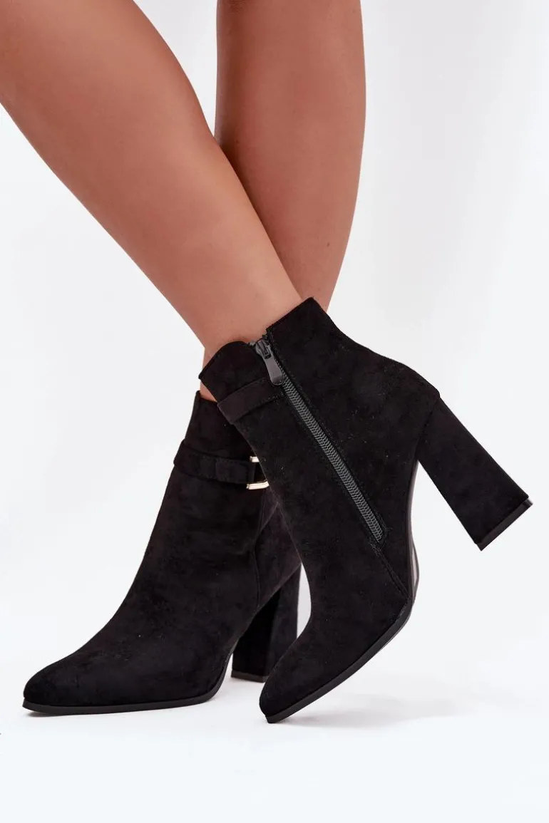 Eko Zamszowe Botki Na Słupku Z Ozdobą Czarne Lymall