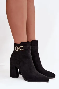 Eko Zamszowe Botki Na Słupku Z Ozdobą Czarne Lymall