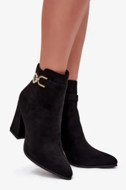 Eko Zamszowe Botki Na Słupku Z Ozdobą Czarne Lymall