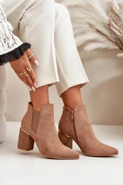 Eko Zamszowe Botki Na Słupku Ocieplane Brązowe Daivine