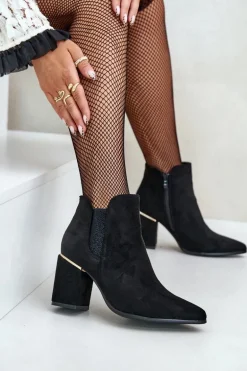 Eko Zamszowe Botki Na Słupku Ocieplane Czarne Daivine