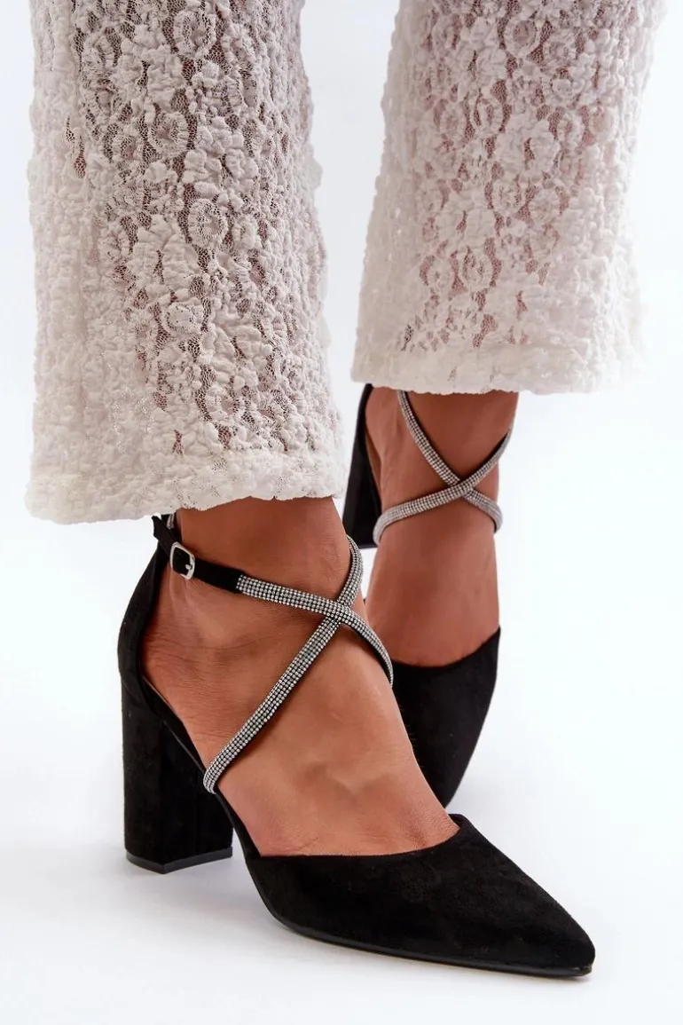 Eko Zamszowe Czółenka Na Słupku Z Cyrkoniami Czarne Lagra