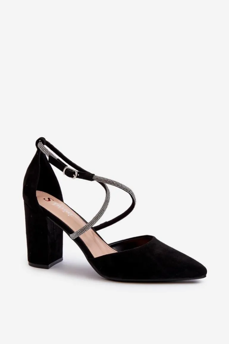 Eko Zamszowe Czółenka Na Słupku Z Cyrkoniami Czarne Lagra