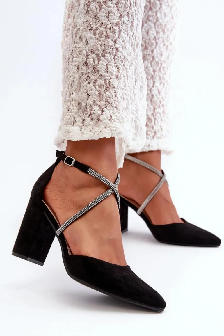 Eko Zamszowe Czółenka Na Słupku Z Cyrkoniami Czarne Lagra