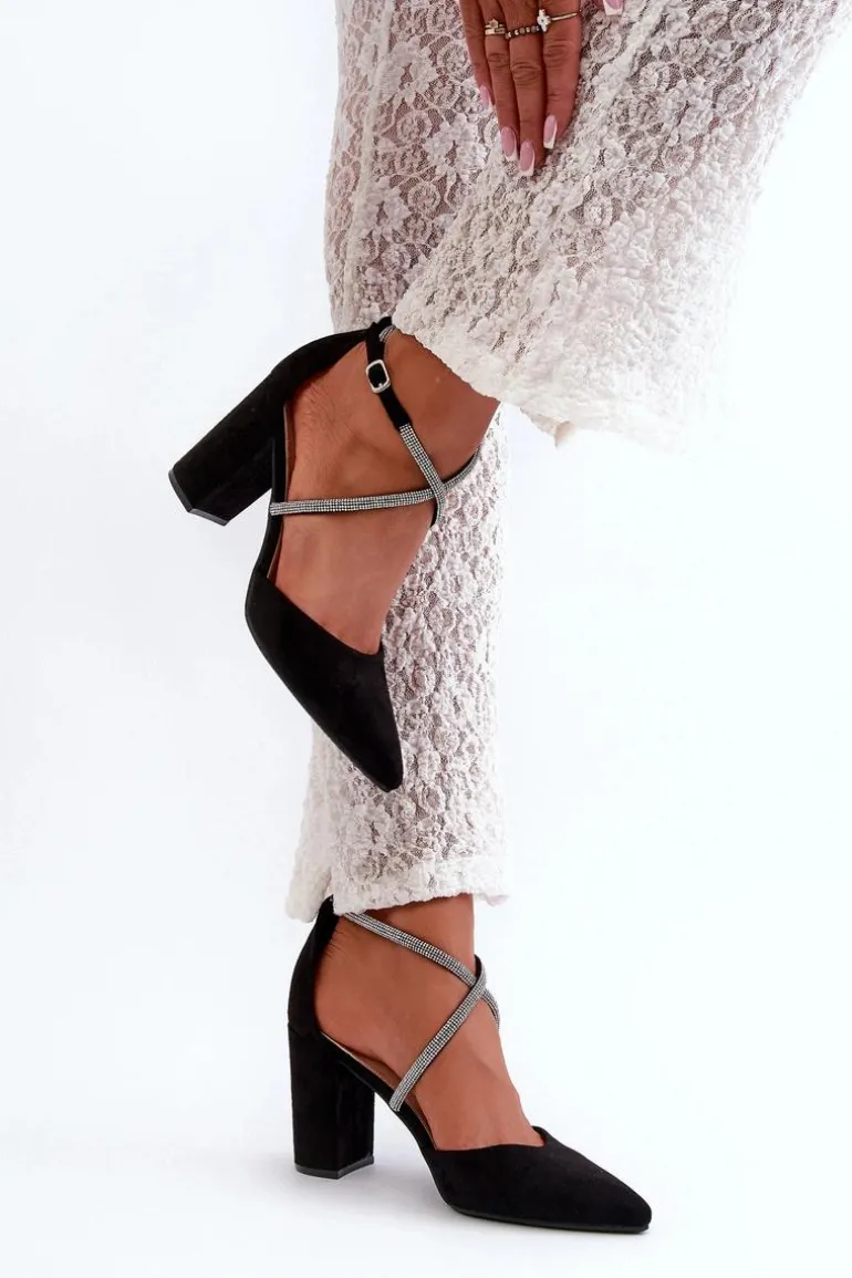 Eko Zamszowe Czółenka Na Słupku Z Cyrkoniami Czarne Lagra