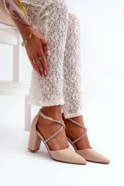 Eko Zamszowe Czółenka Na Słupku Z Cyrkoniami Beżowe Lagra