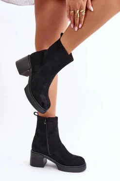 Eko Zamszowe Damskie Botki Na Słupku Ocieplane Czarne Meriluna