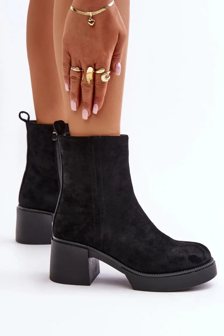 Eko Zamszowe Damskie Botki Na Słupku Ocieplane Czarne Meriluna