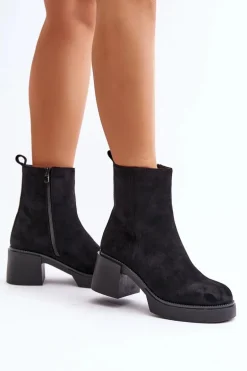 Eko Zamszowe Damskie Botki Na Słupku Ocieplane Czarne Meriluna