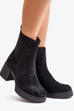 Eko Zamszowe Damskie Botki Na Słupku Ocieplane Czarne Meriluna