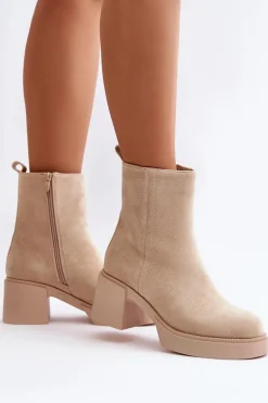 Eko Zamszowe Damskie Botki Na Słupku Ocieplane Jasnobeżowe Meriluna II-gat