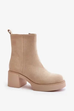 Eko Zamszowe Damskie Botki Na Słupku Ocieplane Jasnobeżowe Meriluna II-gat