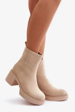 Eko Zamszowe Damskie Botki Na Słupku Ocieplane Jasnobeżowe Meriluna II-gat