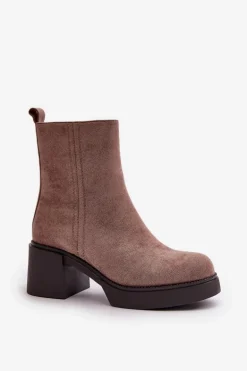 Eko Zamszowe Damskie Botki Na Słupku Ocieplane Ciemnobeżowe Meriluna