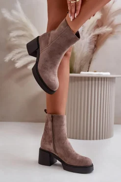 Eko Zamszowe Damskie Botki Na Słupku Ocieplane Ciemnobeżowe Meriluna