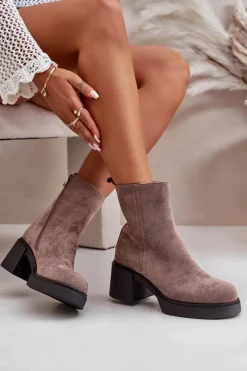 Eko Zamszowe Damskie Botki Na Słupku Ocieplane Ciemnobeżowe Meriluna