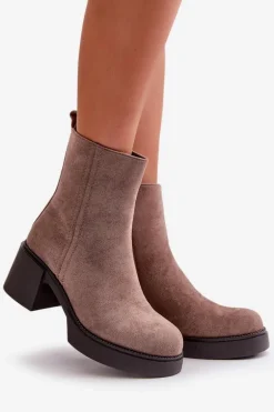 Eko Zamszowe Damskie Botki Na Słupku Ocieplane Ciemnobeżowe Meriluna