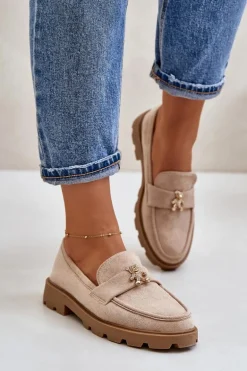 Eko Zamszowe Damskie Mokasyny Z Misiem Beżowe Kaithra