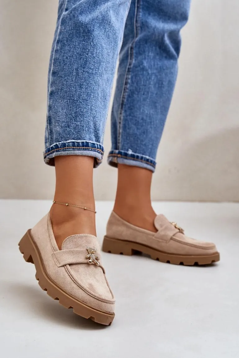 Eko Zamszowe Damskie Mokasyny Z Misiem Beżowe Kaithra