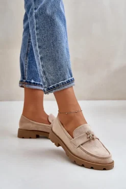 Eko Zamszowe Damskie Mokasyny Z Misiem Beżowe Kaithra