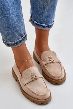 Eko Zamszowe Damskie Mokasyny Z Misiem Beżowe Kaithra