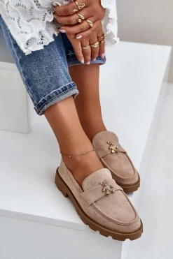 Eko Zamszowe Damskie Mokasyny Z Misiem Beżowe Kaithra