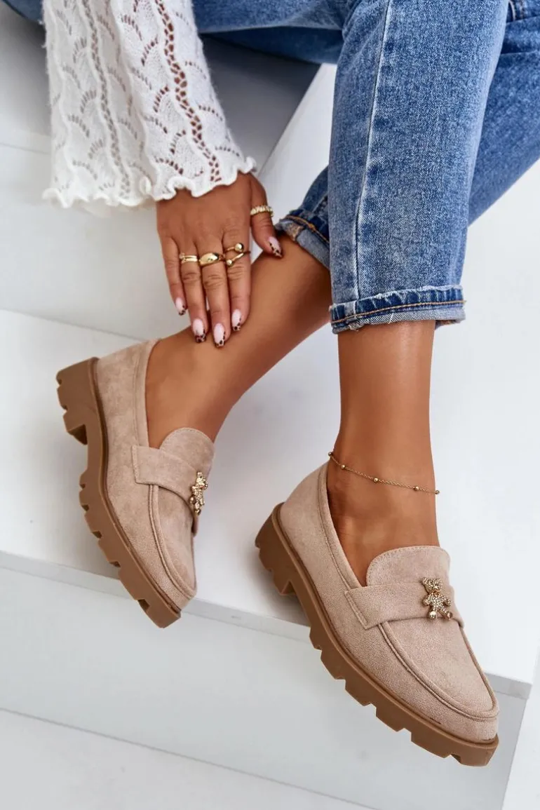 Eko Zamszowe Damskie Mokasyny Z Misiem Beżowe Kaithra