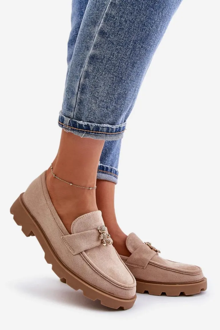 Eko Zamszowe Damskie Mokasyny Z Misiem Beżowe Kaithra