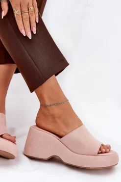 Eko Zamszowe Klapki Damskie Na Platformie I Koturnie Różowe Afisal