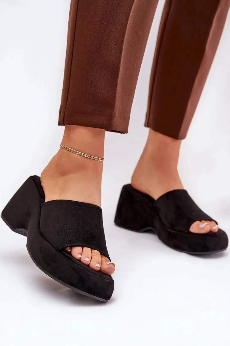 Eko Zamszowe Klapki Damskie Na Platformie I Koturnie Czarne Afisal