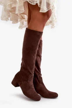Eko Zamszowe Kozaki Damskie Przed Kolano Na Zamek Brązowe Elitara